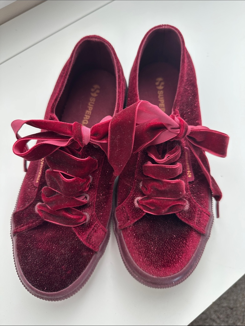 Superga Velvet Ribbon Lace Sneakers in Wine Red